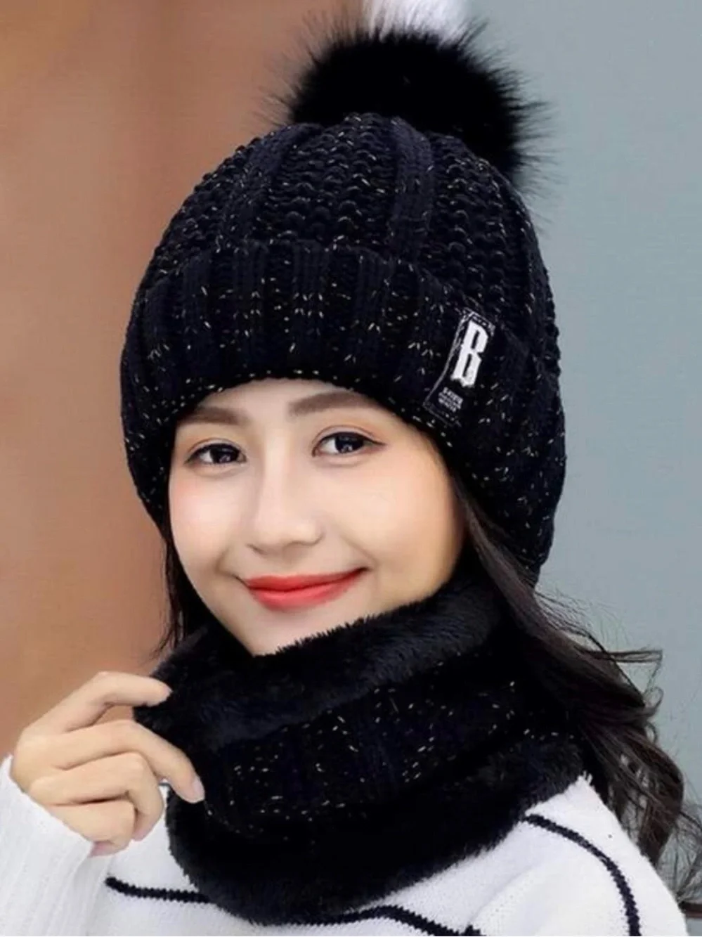 Black & White Knit Pom Pom Beanie and Neck Warmer Set
